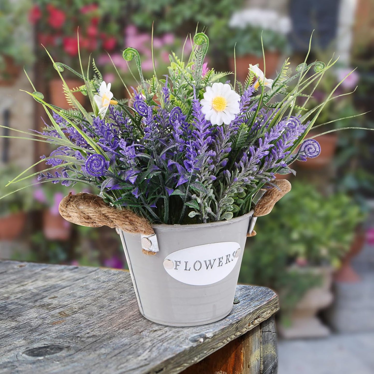 Artificial Lavender Plant 10" Purple Flowers with Orange Daisy in Galvanized Pot - Farmhouse Decor for Home Living Room Bedroom Bathroom Coffee Table