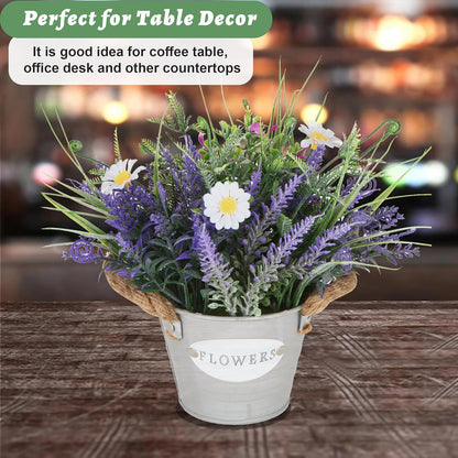 Artificial Lavender Plant 10" Purple Flowers with Orange Daisy in Galvanized Pot - Farmhouse Decor for Home Living Room Bedroom Bathroom Coffee Table