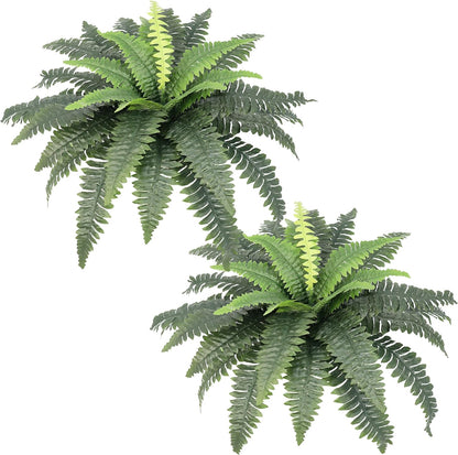Artificial Ferns for Outdoors, Set of 2 Bouquets 33" Diam Large Fake Ferns Faux Boston Fern Bush Plant for Indoors Home Garden Porch Windowsill Entrance Farmhouse Decor