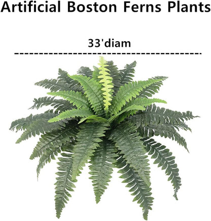 Artificial Ferns for Outdoors, Set of 2 Bouquets 33" Diam Large Fake Ferns Faux Boston Fern Bush Plant for Indoors Home Garden Porch Windowsill Entrance Farmhouse Decor