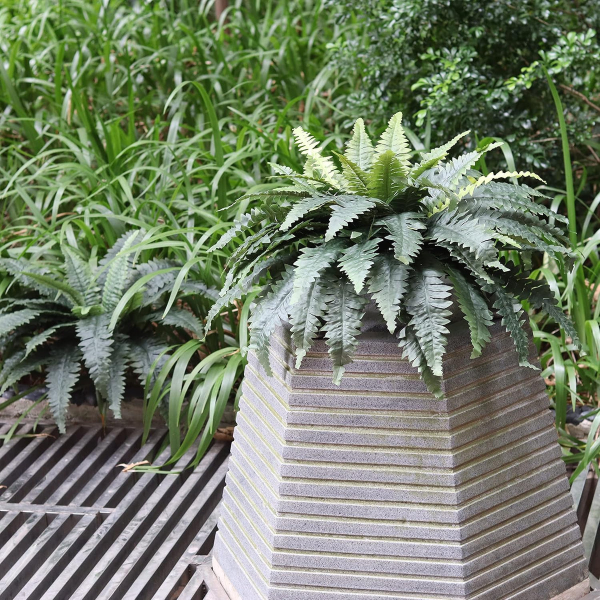 Artificial Ferns for Outdoors, Set of 2 Bouquets 33" Diam Large Fake Ferns Faux Boston Fern Bush Plant for Indoors Home Garden Porch Windowsill Entrance Farmhouse Decor