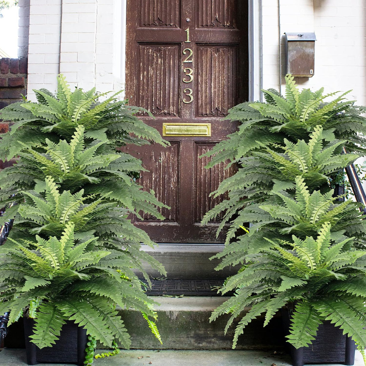 Artificial Ferns for Outdoors, Set of 2 Bouquets 33" Diam Large Fake Ferns Faux Boston Fern Bush Plant for Indoors Home Garden Porch Windowsill Entrance Farmhouse Decor