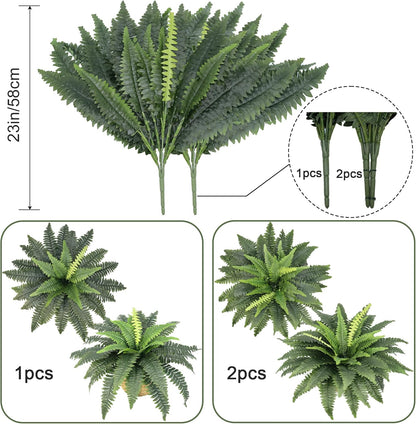 Artificial Ferns for Outdoors, Set of 2 Bouquets 33" Diam Large Fake Ferns Faux Boston Fern Bush Plant for Indoors Home Garden Porch Windowsill Entrance Farmhouse Decor