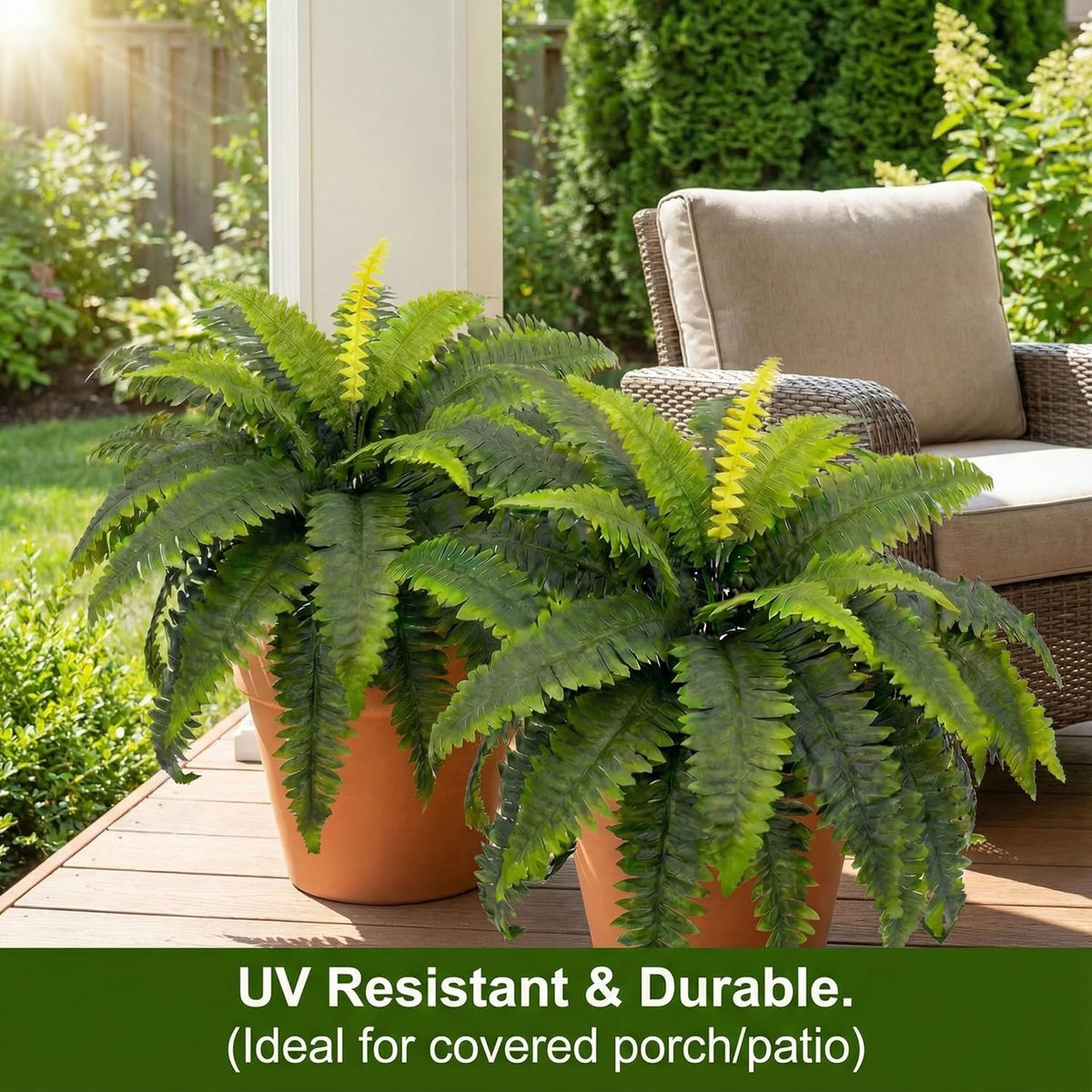 Artificial Ferns for Outdoors, Set of 2 Bouquets 33" Diam Large Fake Ferns Faux Boston Fern Bush Plant for Indoors Home Garden Porch Windowsill Entrance Farmhouse Decor