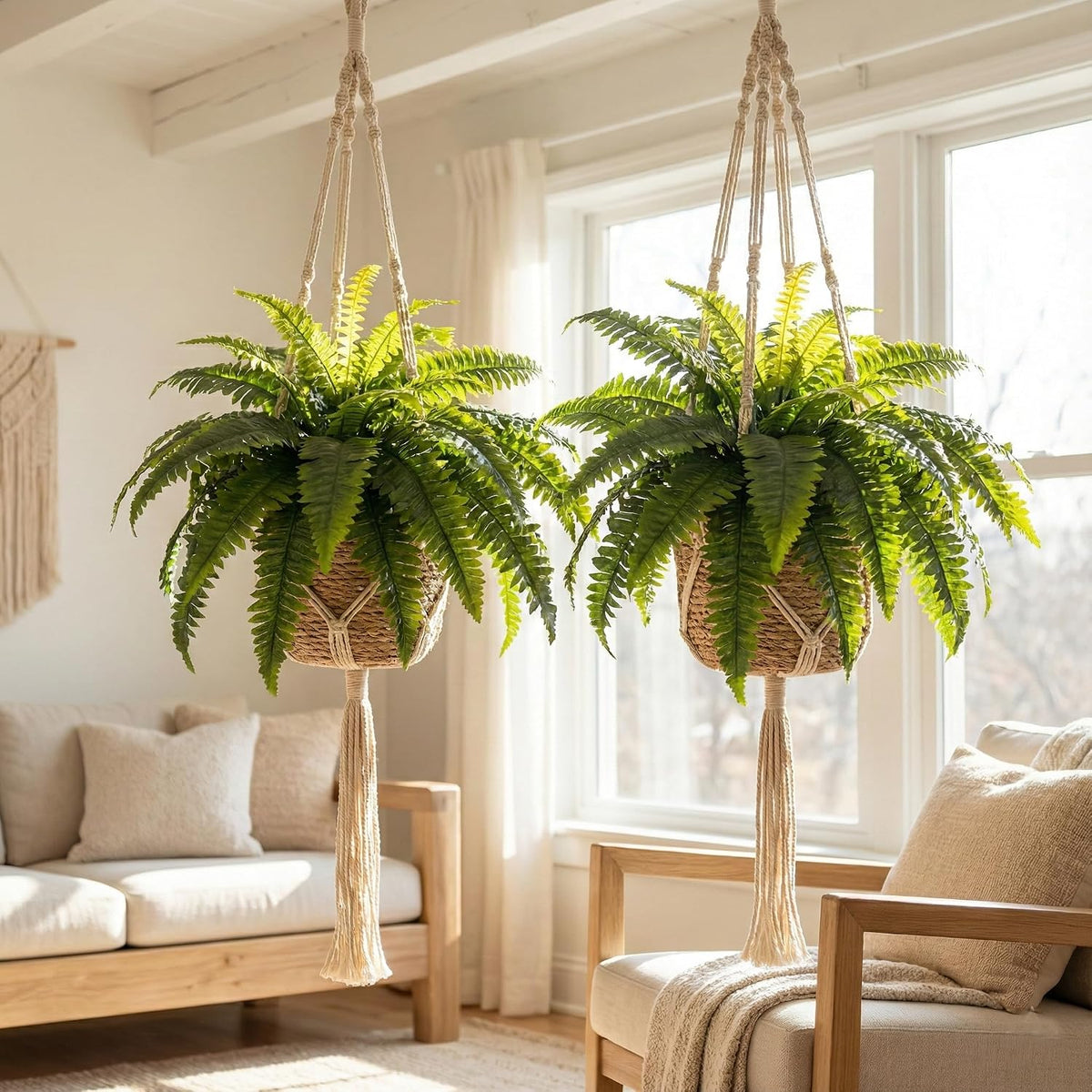 Artificial Ferns for Outdoors, Set of 2 Bouquets 33" Diam Large Fake Ferns Faux Boston Fern Bush Plant for Indoors Home Garden Porch Windowsill Entrance Farmhouse Decor