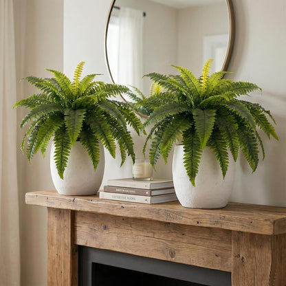Artificial Ferns for Outdoors, Set of 2 Bouquets 33" Diam Large Fake Ferns Faux Boston Fern Bush Plant for Indoors Home Garden Porch Windowsill Entrance Farmhouse Decor