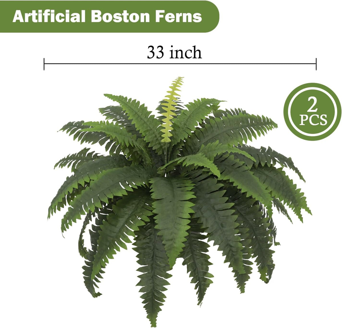 Artificial Ferns for Outdoors, Set of 2 Bouquets 33" Diam Large Fake Ferns Faux Boston Fern Bush Plant for Indoors Home Garden Porch Windowsill Entrance Farmhouse Decor