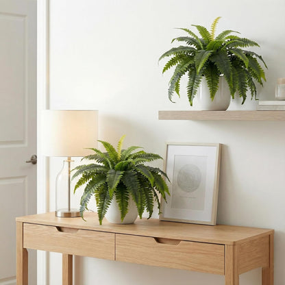 Artificial Ferns for Outdoors, Set of 2 Bouquets 33" Diam Large Fake Ferns Faux Boston Fern Bush Plant for Indoors Home Garden Porch Windowsill Entrance Farmhouse Decor