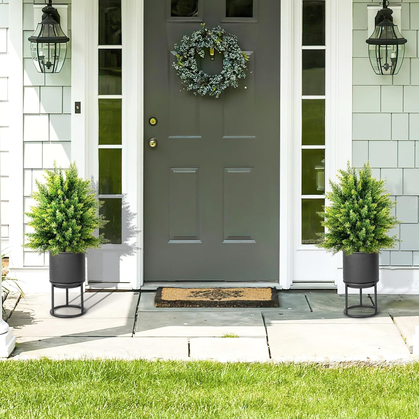 22" Artificial Boxwood Topiary Ball Tree, 2 Pack Faux Potted Plants Artificial Shrubs Bushes with Orange Fruits for Indoor Outdoor
