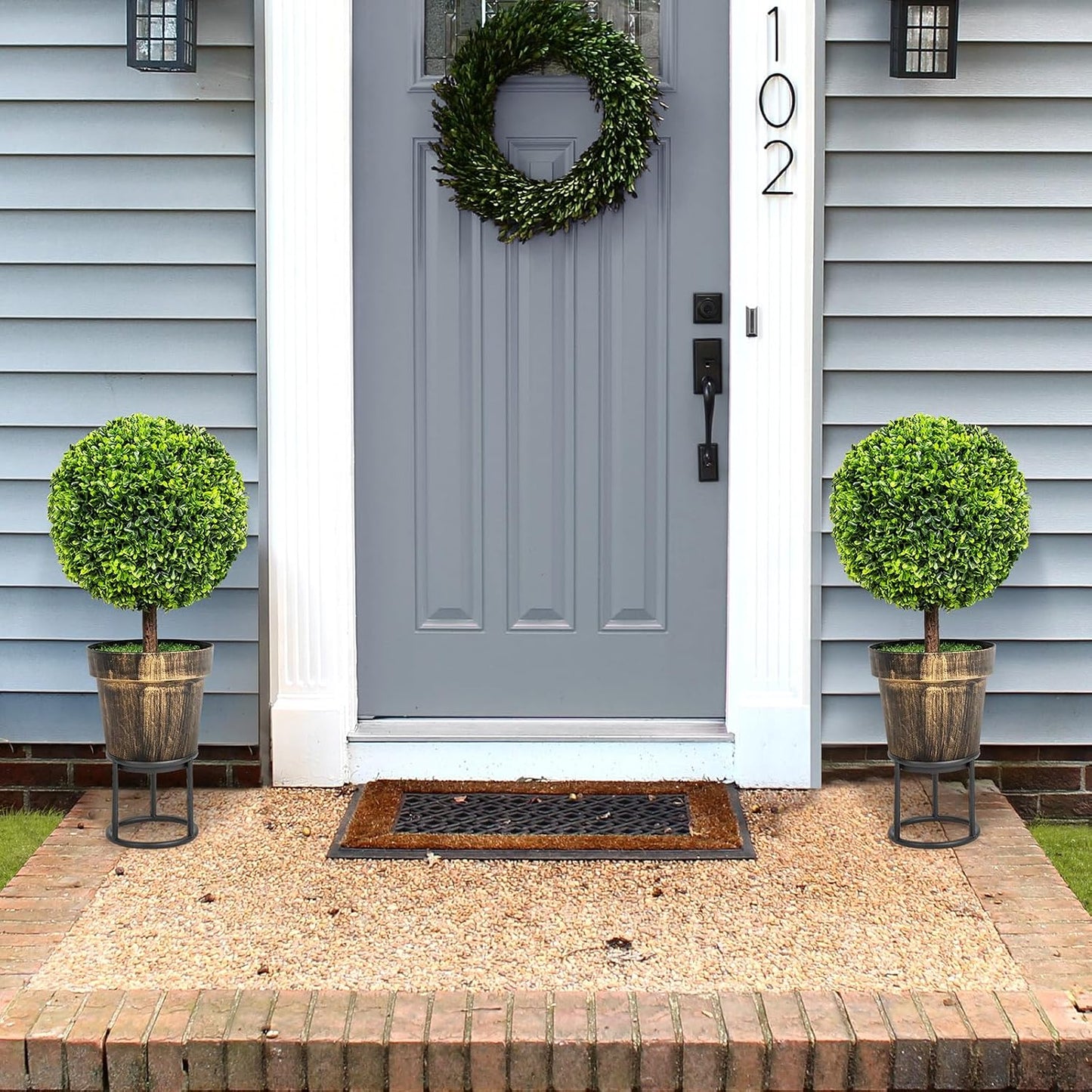 22" Artificial Boxwood Topiary Ball Tree, 2 Pack Faux Potted Plants Artificial Shrubs Bushes with Orange Fruits for Indoor Outdoor