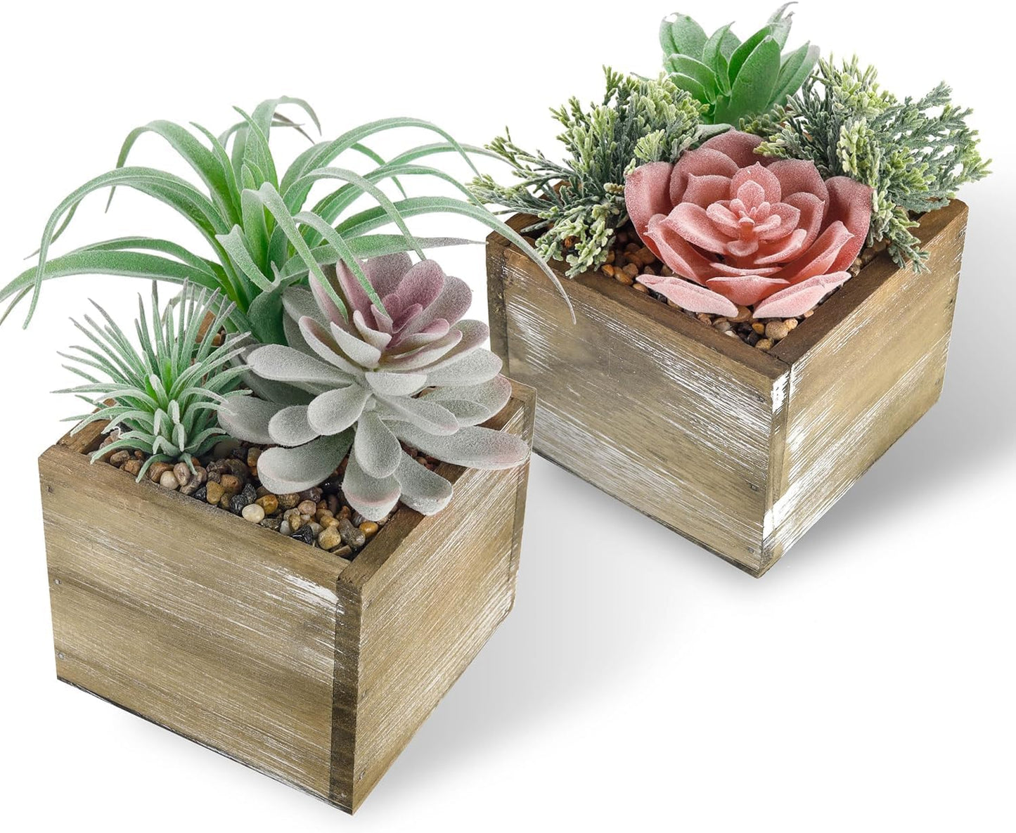 2 Pack Fake Plants Succulents Plants Artificial Cactus Plants in Wood Pots with Pink Flowers for Farmhouse Bathroom Decor | Small fake plants，pink flower,wood planters,realistic style for bathroom desk shelf bedroom boho decor，no watering
