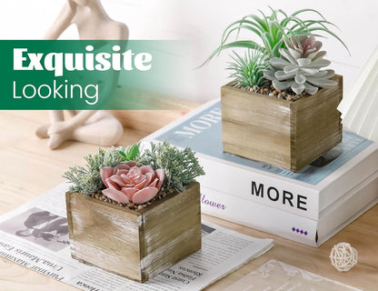 2 Pack Fake Plants Succulents Plants Artificial Cactus Plants in Wood Pots with Pink Flowers for Farmhouse Bathroom Decor | Small fake plants，pink flower,wood planters,realistic style for bathroom desk shelf bedroom boho decor，no watering