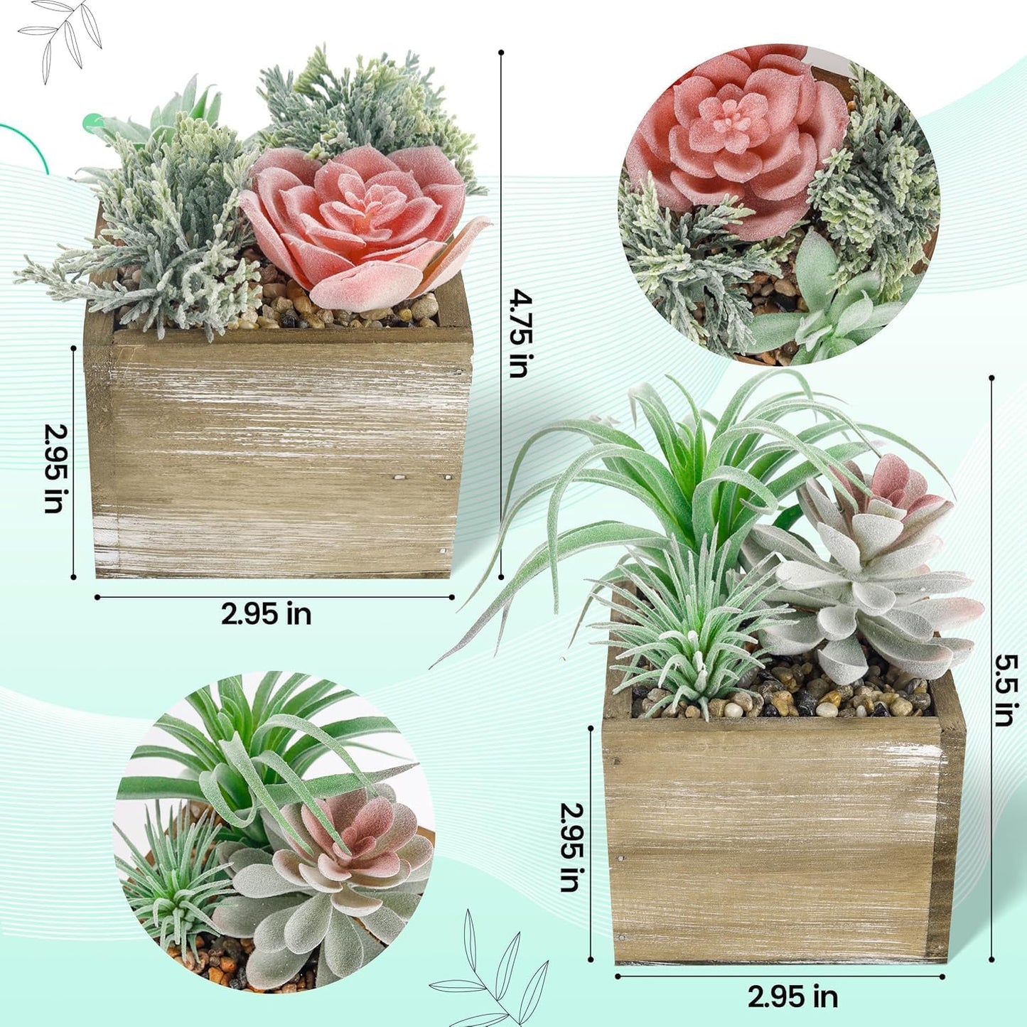 2 Pack Fake Plants Succulents Plants Artificial Cactus Plants in Wood Pots with Pink Flowers for Farmhouse Bathroom Decor | Small fake plants，pink flower,wood planters,realistic style for bathroom desk shelf bedroom boho decor，no watering