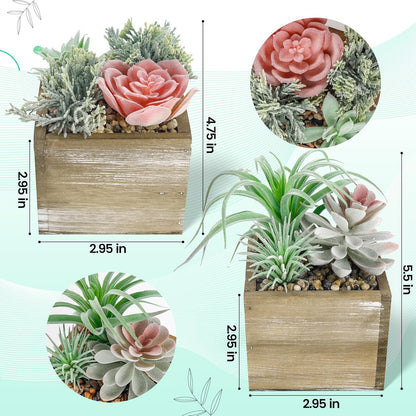 2 Pack Fake Plants Succulents Plants Artificial Cactus Plants in Wood Pots with Pink Flowers for Farmhouse Bathroom Decor | Small fake plants，pink flower,wood planters,realistic style for bathroom desk shelf bedroom boho decor，no watering