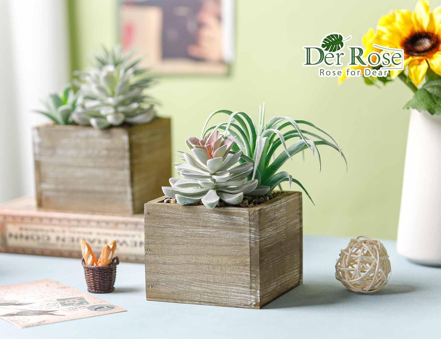 2 Pack Fake Plants Succulents Plants Artificial Cactus Plants in Wood Pots with Pink Flowers for Farmhouse Bathroom Decor | Small fake plants，pink flower,wood planters,realistic style for bathroom desk shelf bedroom boho decor，no watering