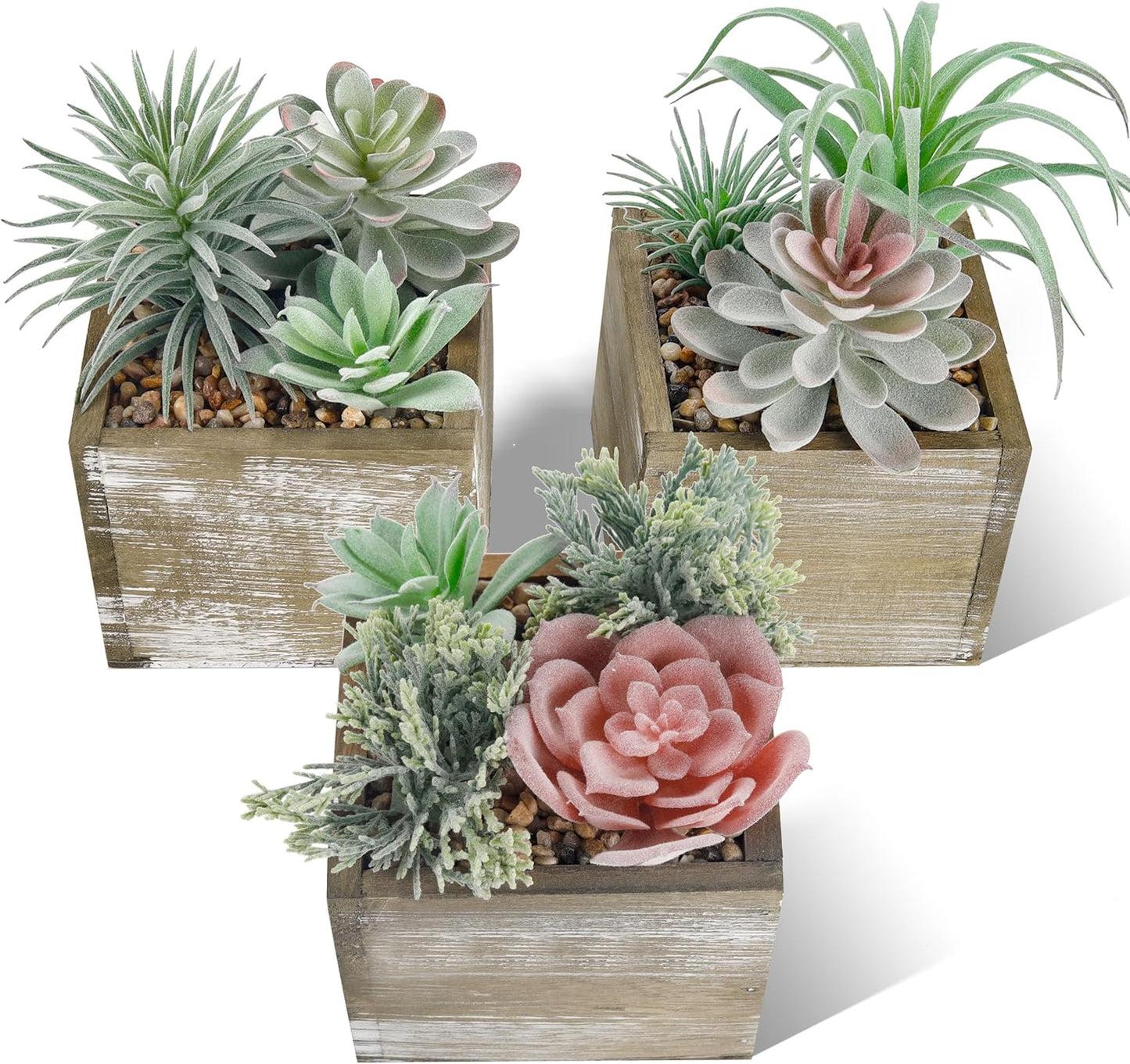 2 Pack Fake Plants Succulents Plants Artificial Cactus Plants in Wood Pots with Pink Flowers for Farmhouse Bathroom Decor | Small fake plants，pink flower,wood planters,realistic style for bathroom desk shelf bedroom boho decor，no watering