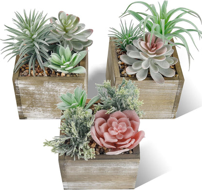2 Pack Fake Plants Succulents Plants Artificial Cactus Plants in Wood Pots with Pink Flowers for Farmhouse Bathroom Decor | Small fake plants，pink flower,wood planters,realistic style for bathroom desk shelf bedroom boho decor，no watering