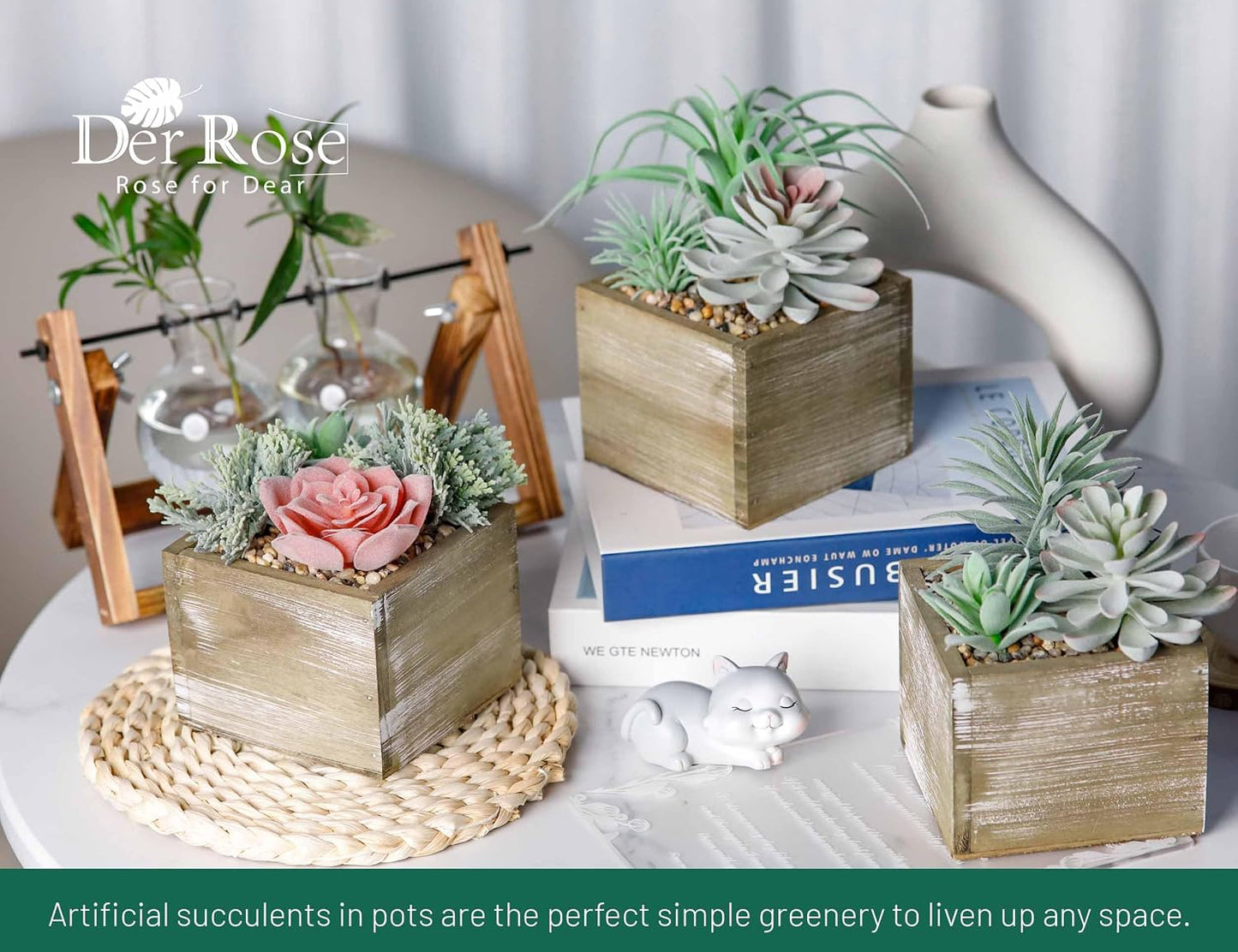 2 Pack Fake Plants Succulents Plants Artificial Cactus Plants in Wood Pots with Pink Flowers for Farmhouse Bathroom Decor | Small fake plants，pink flower,wood planters,realistic style for bathroom desk shelf bedroom boho decor，no watering