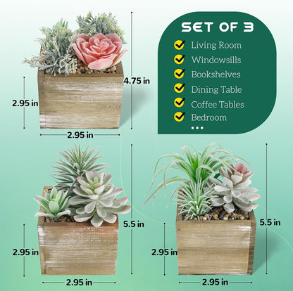 2 Pack Fake Plants Succulents Plants Artificial Cactus Plants in Wood Pots with Pink Flowers for Farmhouse Bathroom Decor | Small fake plants，pink flower,wood planters,realistic style for bathroom desk shelf bedroom boho decor，no watering
