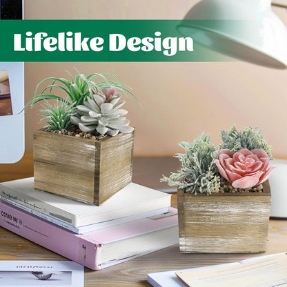 2 Pack Fake Plants Succulents Plants Artificial Cactus Plants in Wood Pots with Pink Flowers for Farmhouse Bathroom Decor | Small fake plants，pink flower,wood planters,realistic style for bathroom desk shelf bedroom boho decor，no watering