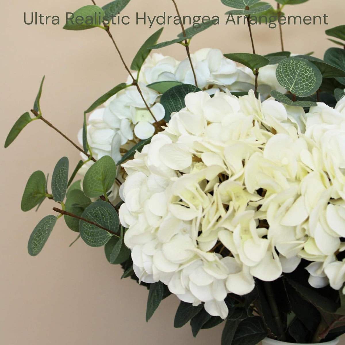 Real Touch White Faux Hydrangea And Eucalyptus Arrangement, Faux Floral Arrangements, Hyper Realistic Artificial Flowers, White Centerpieces For Kitchen Dining Coffee Table Decor (Vase Not Included)