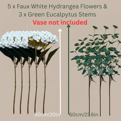 Real Touch White Faux Hydrangea And Eucalyptus Arrangement, Faux Floral Arrangements, Hyper Realistic Artificial Flowers, White Centerpieces For Kitchen Dining Coffee Table Decor (Vase Not Included)