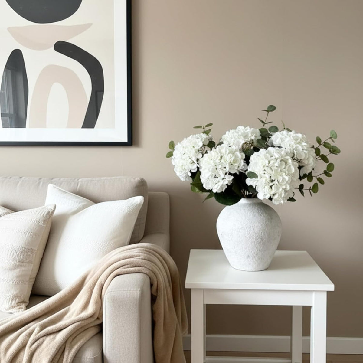 Real Touch White Faux Hydrangea And Eucalyptus Arrangement, Faux Floral Arrangements, Hyper Realistic Artificial Flowers, White Centerpieces For Kitchen Dining Coffee Table Decor (Vase Not Included)