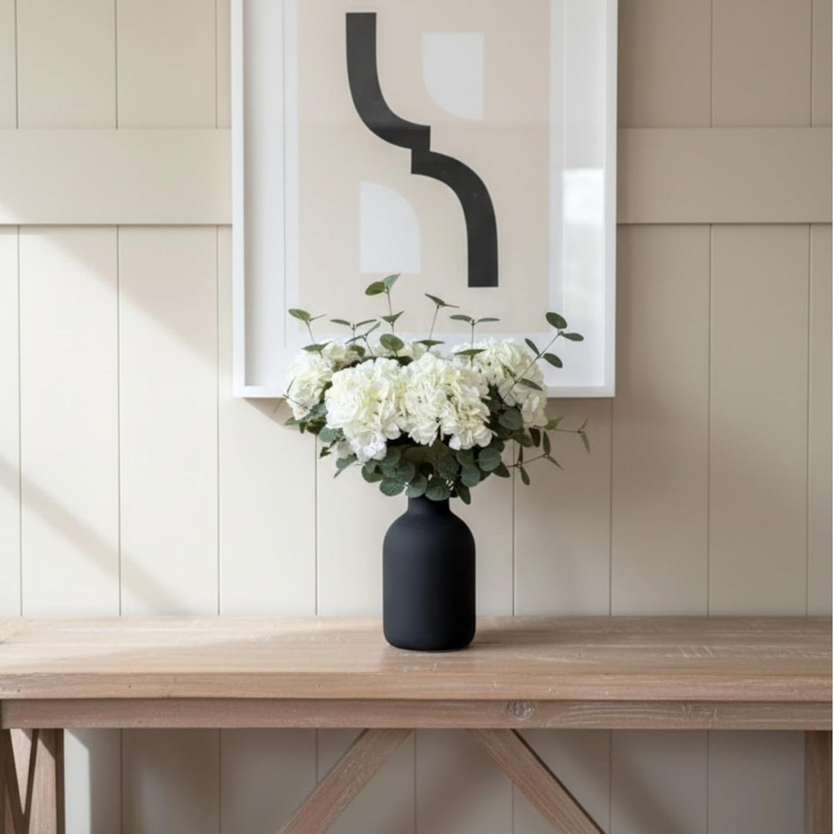 Real Touch White Faux Hydrangea And Eucalyptus Arrangement, Faux Floral Arrangements, Hyper Realistic Artificial Flowers, White Centerpieces For Kitchen Dining Coffee Table Decor (Vase Not Included)