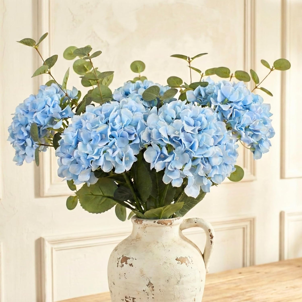 Real Touch White Faux Hydrangea And Eucalyptus Arrangement, Faux Floral Arrangements, Hyper Realistic Artificial Flowers, White Centerpieces For Kitchen Dining Coffee Table Decor (Vase Not Included)