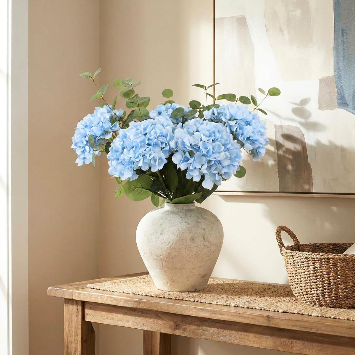 Real Touch White Faux Hydrangea And Eucalyptus Arrangement, Faux Floral Arrangements, Hyper Realistic Artificial Flowers, White Centerpieces For Kitchen Dining Coffee Table Decor (Vase Not Included)