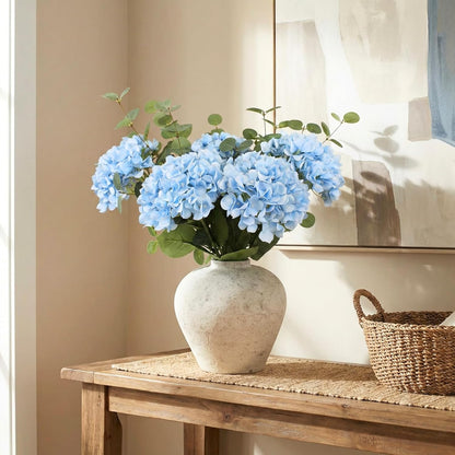Real Touch White Faux Hydrangea And Eucalyptus Arrangement, Faux Floral Arrangements, Hyper Realistic Artificial Flowers, White Centerpieces For Kitchen Dining Coffee Table Decor (Vase Not Included)