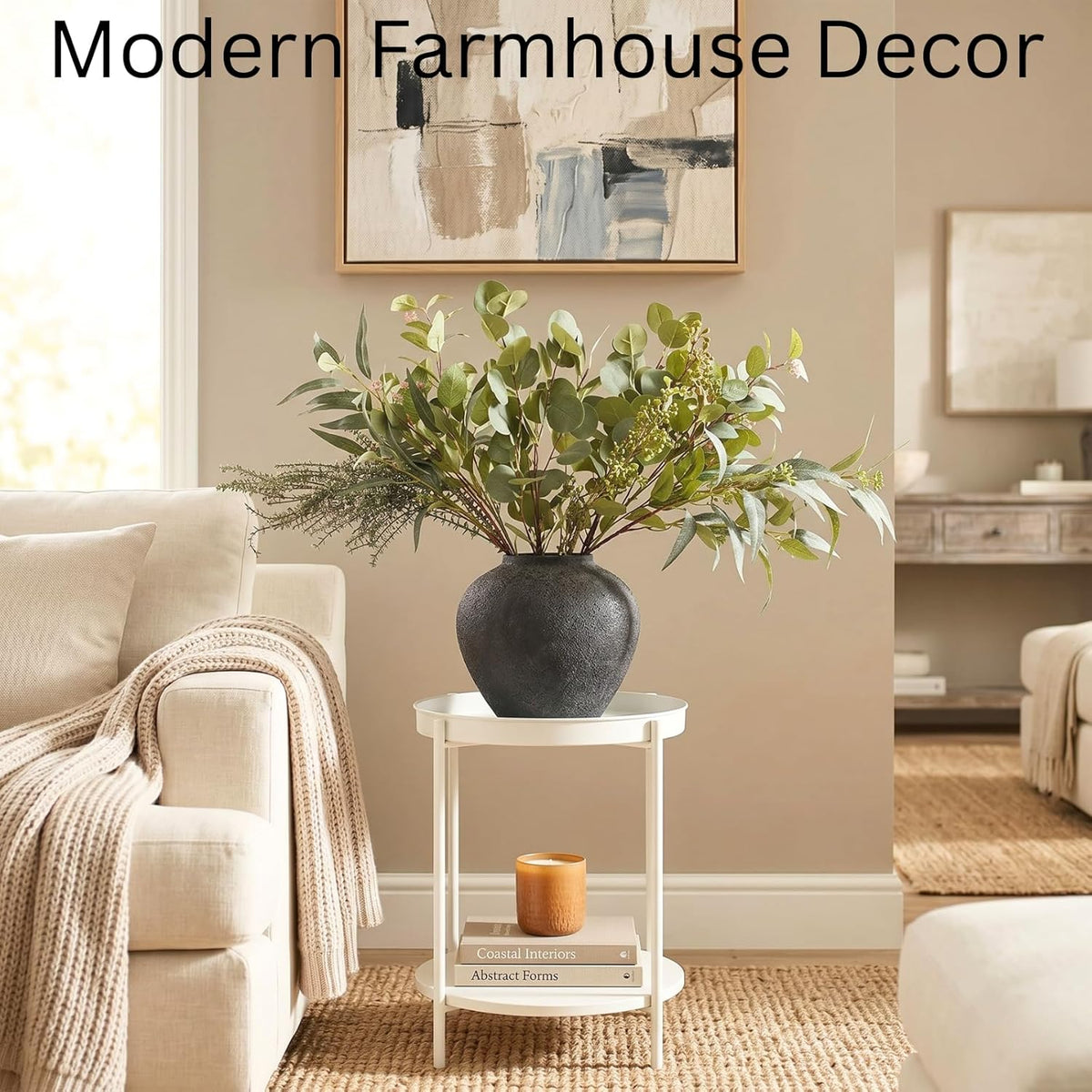 Real Touch White Faux Hydrangea And Eucalyptus Arrangement, Faux Floral Arrangements, Hyper Realistic Artificial Flowers, White Centerpieces For Kitchen Dining Coffee Table Decor (Vase Not Included)