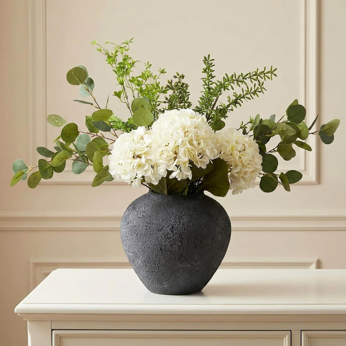 Real Touch White Faux Hydrangea And Eucalyptus Arrangement, Faux Floral Arrangements, Hyper Realistic Artificial Flowers, White Centerpieces For Kitchen Dining Coffee Table Decor (Vase Not Included)