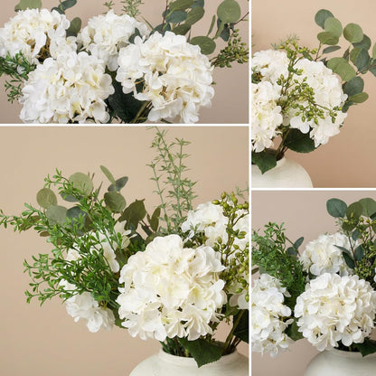 Real Touch White Faux Hydrangea And Eucalyptus Arrangement, Faux Floral Arrangements, Hyper Realistic Artificial Flowers, White Centerpieces For Kitchen Dining Coffee Table Decor (Vase Not Included)