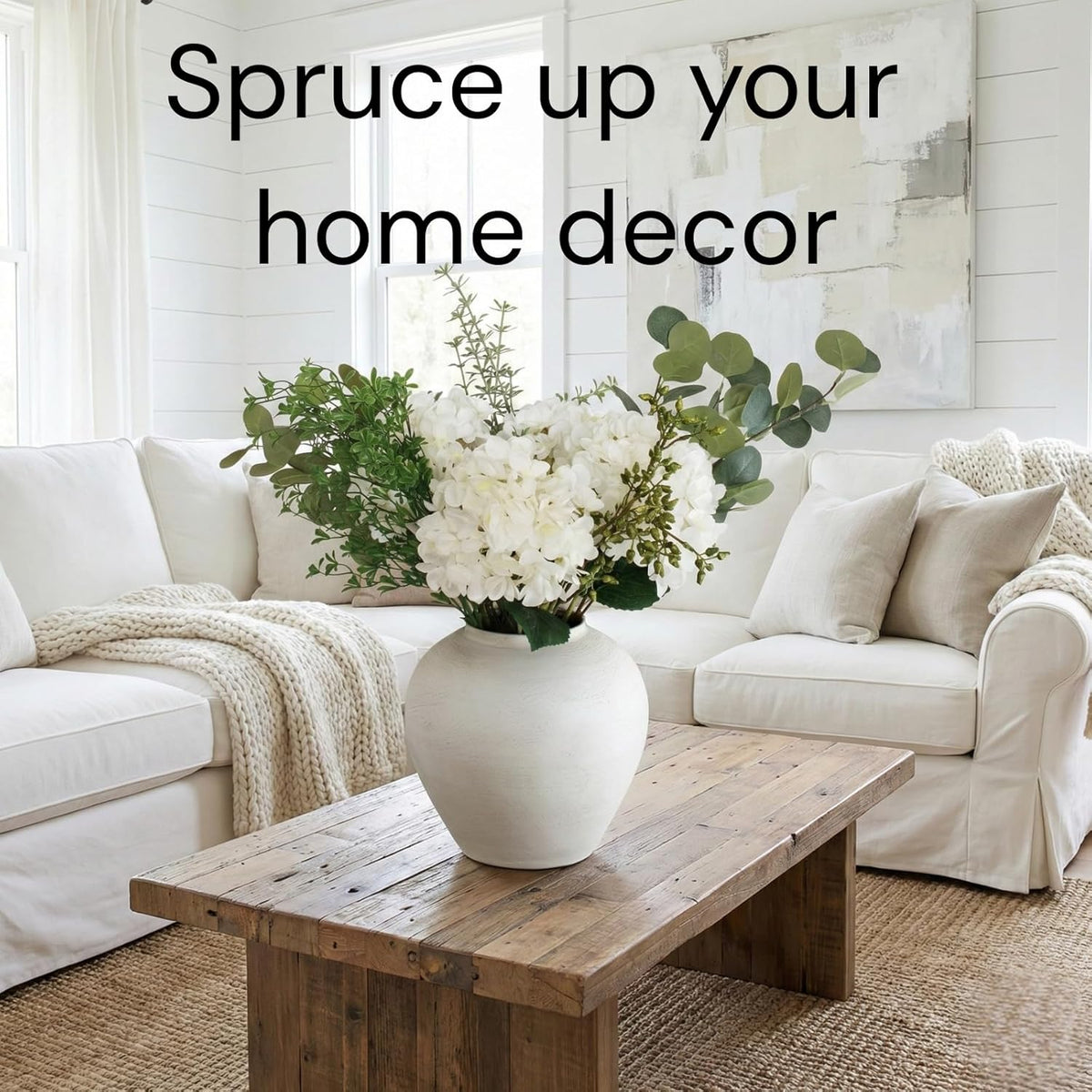 Real Touch White Faux Hydrangea And Eucalyptus Arrangement, Faux Floral Arrangements, Hyper Realistic Artificial Flowers, White Centerpieces For Kitchen Dining Coffee Table Decor (Vase Not Included)