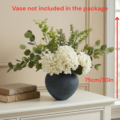 Real Touch White Faux Hydrangea And Eucalyptus Arrangement, Faux Floral Arrangements, Hyper Realistic Artificial Flowers, White Centerpieces For Kitchen Dining Coffee Table Decor (Vase Not Included)