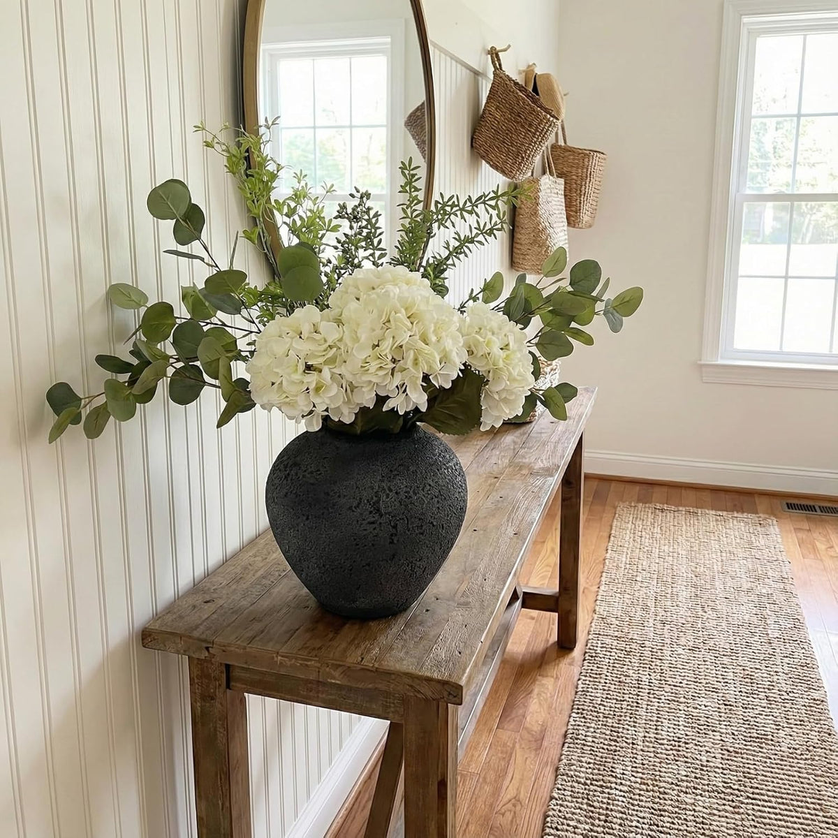 Real Touch White Faux Hydrangea And Eucalyptus Arrangement, Faux Floral Arrangements, Hyper Realistic Artificial Flowers, White Centerpieces For Kitchen Dining Coffee Table Decor (Vase Not Included)