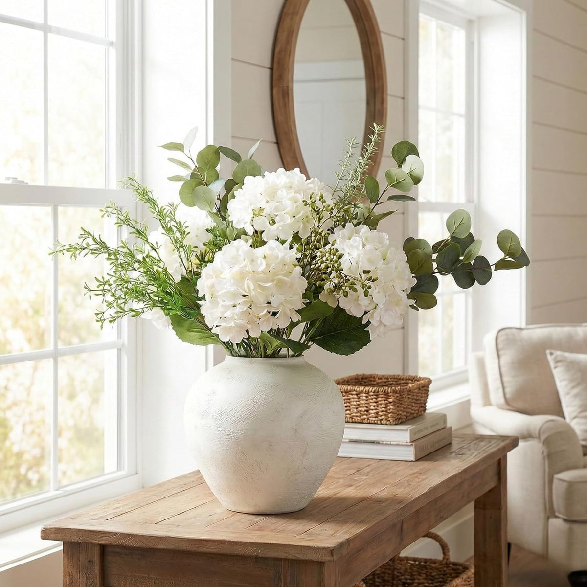 Real Touch White Faux Hydrangea And Eucalyptus Arrangement, Faux Floral Arrangements, Hyper Realistic Artificial Flowers, White Centerpieces For Kitchen Dining Coffee Table Decor (Vase Not Included)
