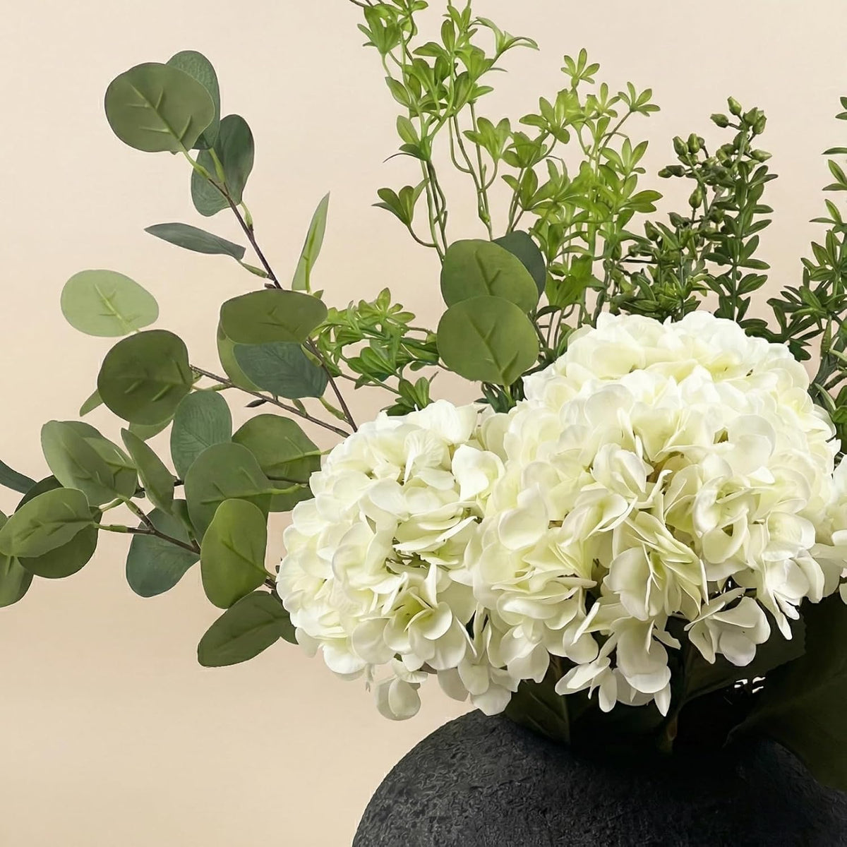 Real Touch White Faux Hydrangea And Eucalyptus Arrangement, Faux Floral Arrangements, Hyper Realistic Artificial Flowers, White Centerpieces For Kitchen Dining Coffee Table Decor (Vase Not Included)