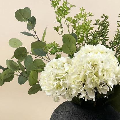 Real Touch White Faux Hydrangea And Eucalyptus Arrangement, Faux Floral Arrangements, Hyper Realistic Artificial Flowers, White Centerpieces For Kitchen Dining Coffee Table Decor (Vase Not Included)