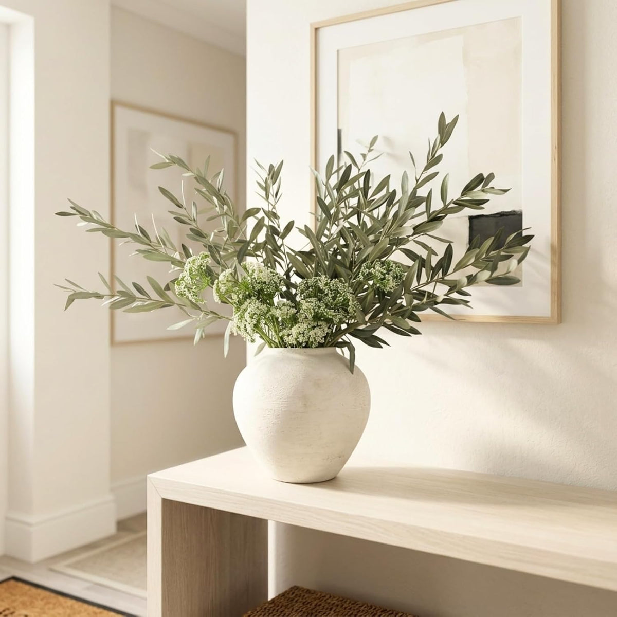 Real Touch White Faux Hydrangea And Eucalyptus Arrangement, Faux Floral Arrangements, Hyper Realistic Artificial Flowers, White Centerpieces For Kitchen Dining Coffee Table Decor (Vase Not Included)