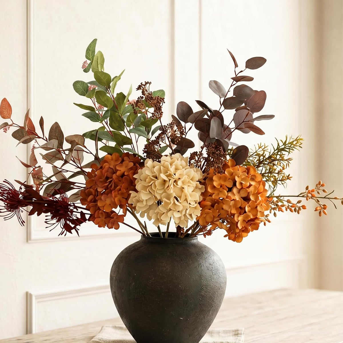 Real Touch White Faux Hydrangea And Eucalyptus Arrangement, Faux Floral Arrangements, Hyper Realistic Artificial Flowers, White Centerpieces For Kitchen Dining Coffee Table Decor (Vase Not Included)