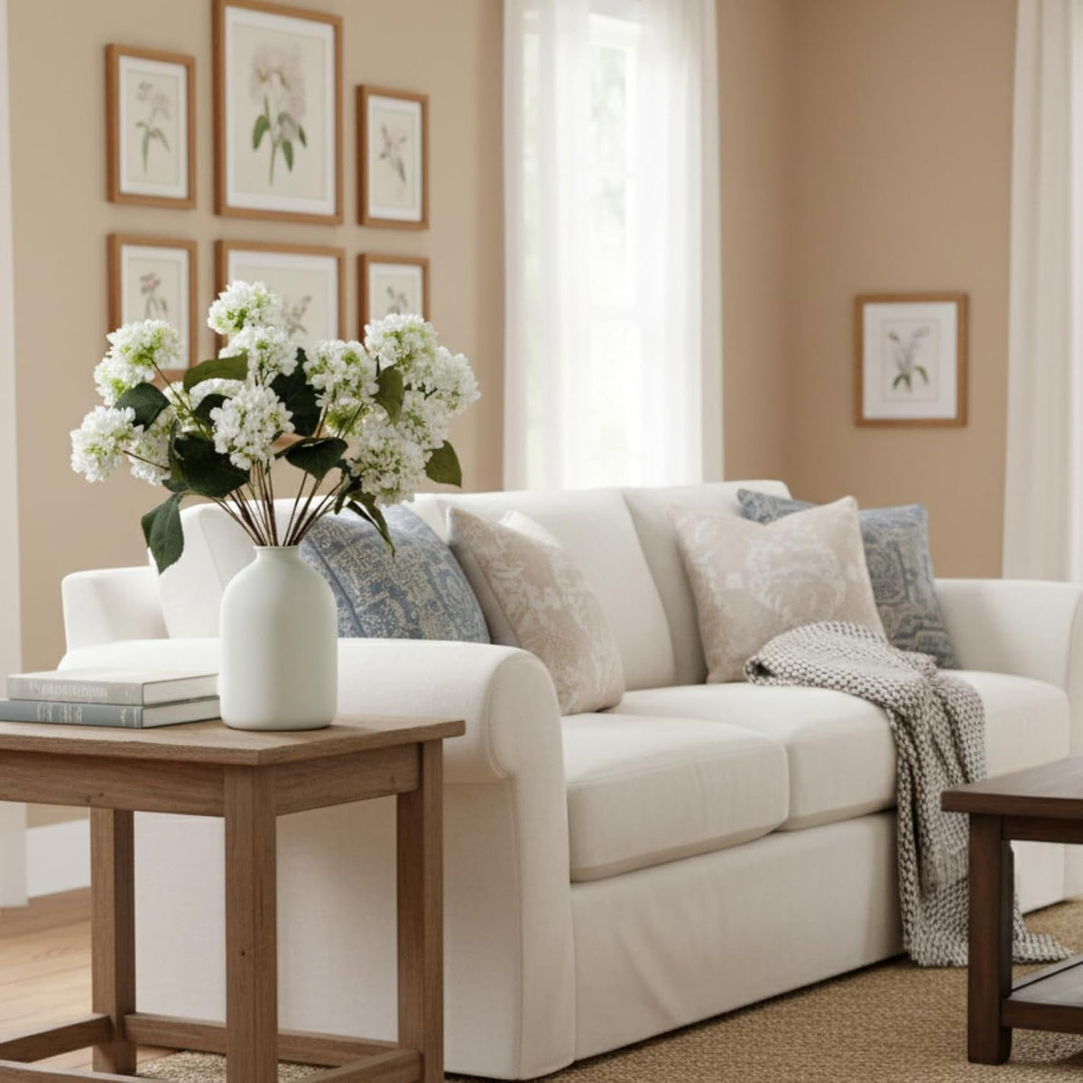 Real Touch White Faux Hydrangea And Eucalyptus Arrangement, Faux Floral Arrangements, Hyper Realistic Artificial Flowers, White Centerpieces For Kitchen Dining Coffee Table Decor (Vase Not Included)