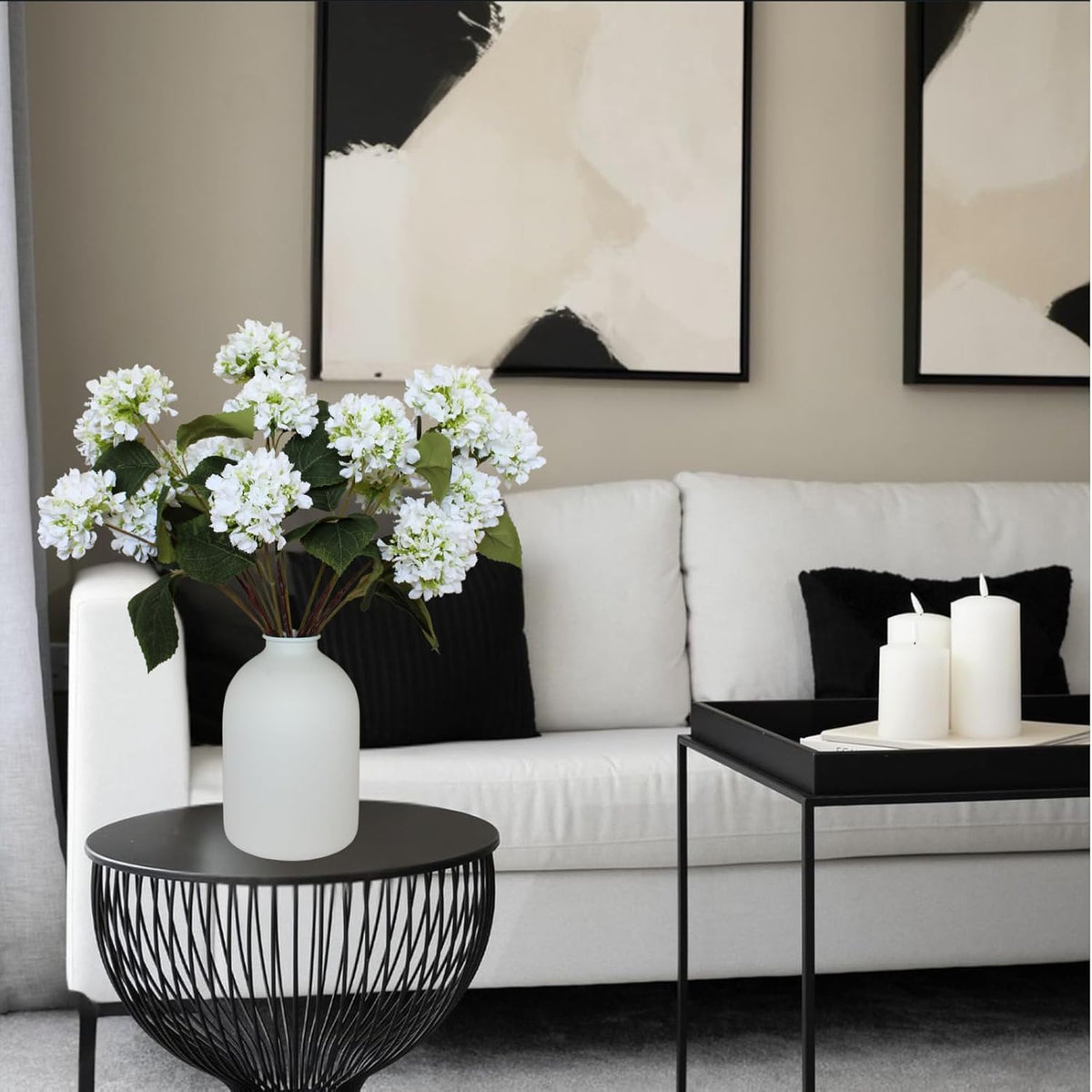 Real Touch White Faux Hydrangea And Eucalyptus Arrangement, Faux Floral Arrangements, Hyper Realistic Artificial Flowers, White Centerpieces For Kitchen Dining Coffee Table Decor (Vase Not Included)