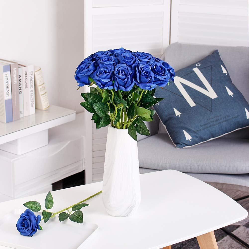 White Fake Roses Artificial Flowers - 10 Pcs Fake Artificial Roses Silk Flowers with Stems for Home Wedding Hotel Office Centerpiece Decor
