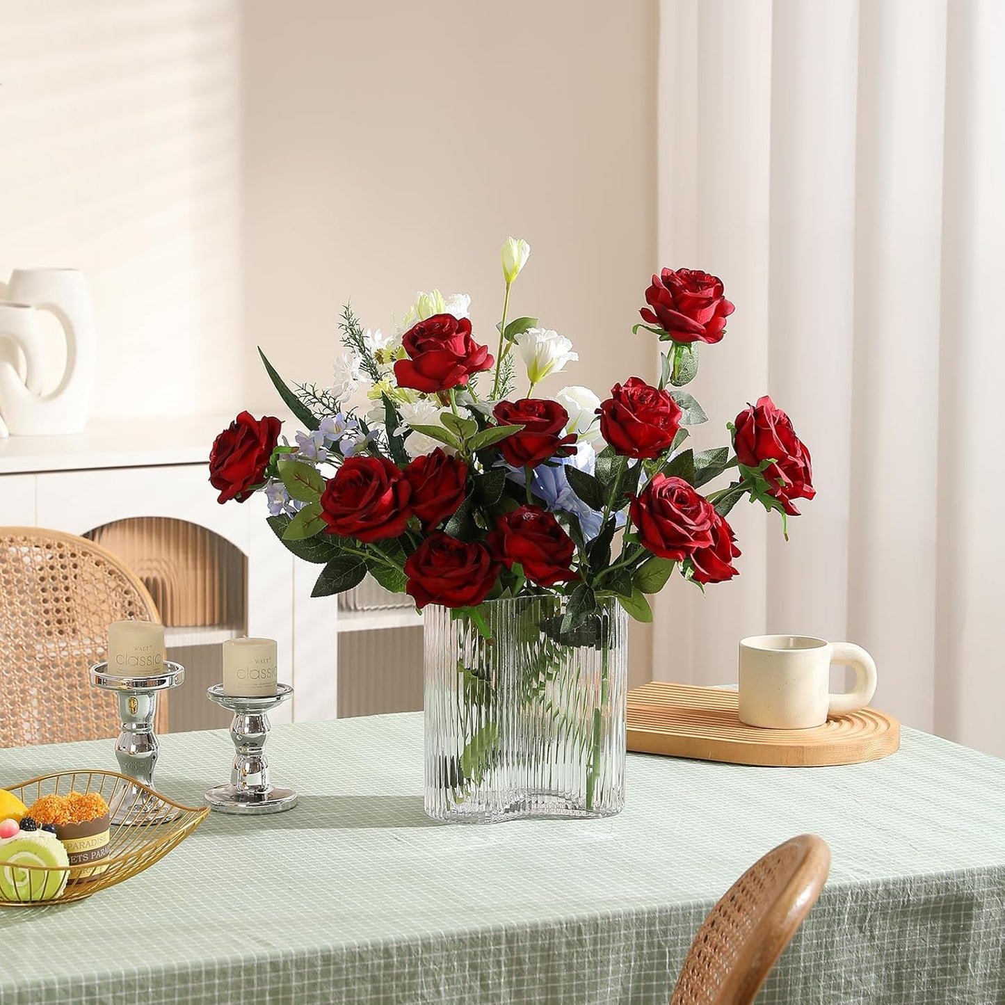 White Fake Roses Artificial Flowers - 10 Pcs Fake Artificial Roses Silk Flowers with Stems for Home Wedding Hotel Office Centerpiece Decor