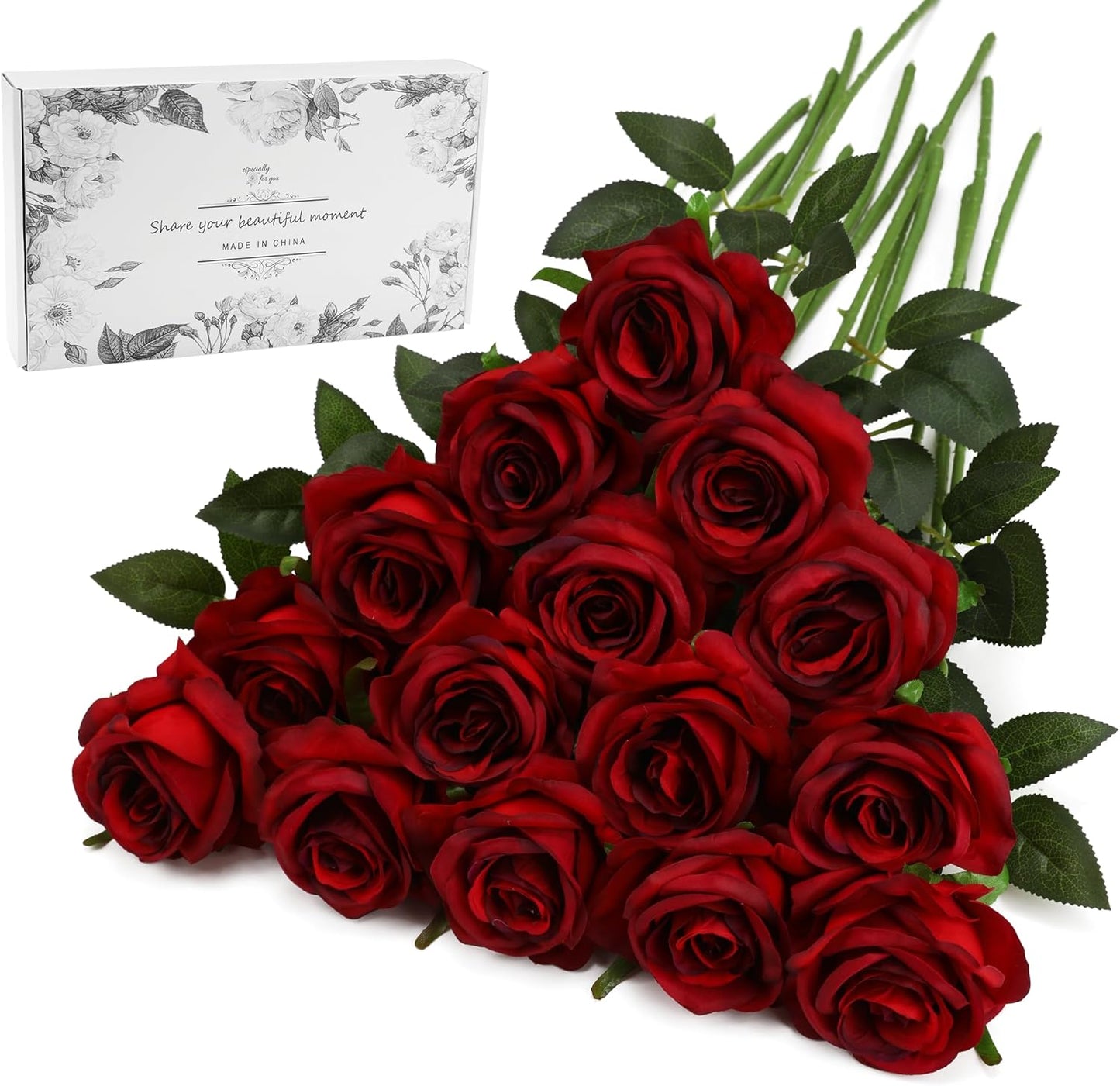 White Fake Roses Artificial Flowers - 10 Pcs Fake Artificial Roses Silk Flowers with Stems for Home Wedding Hotel Office Centerpiece Decor