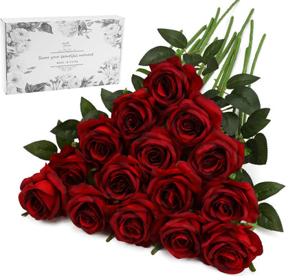 White Fake Roses Artificial Flowers - 10 Pcs Fake Artificial Roses Silk Flowers with Stems for Home Wedding Hotel Office Centerpiece Decor