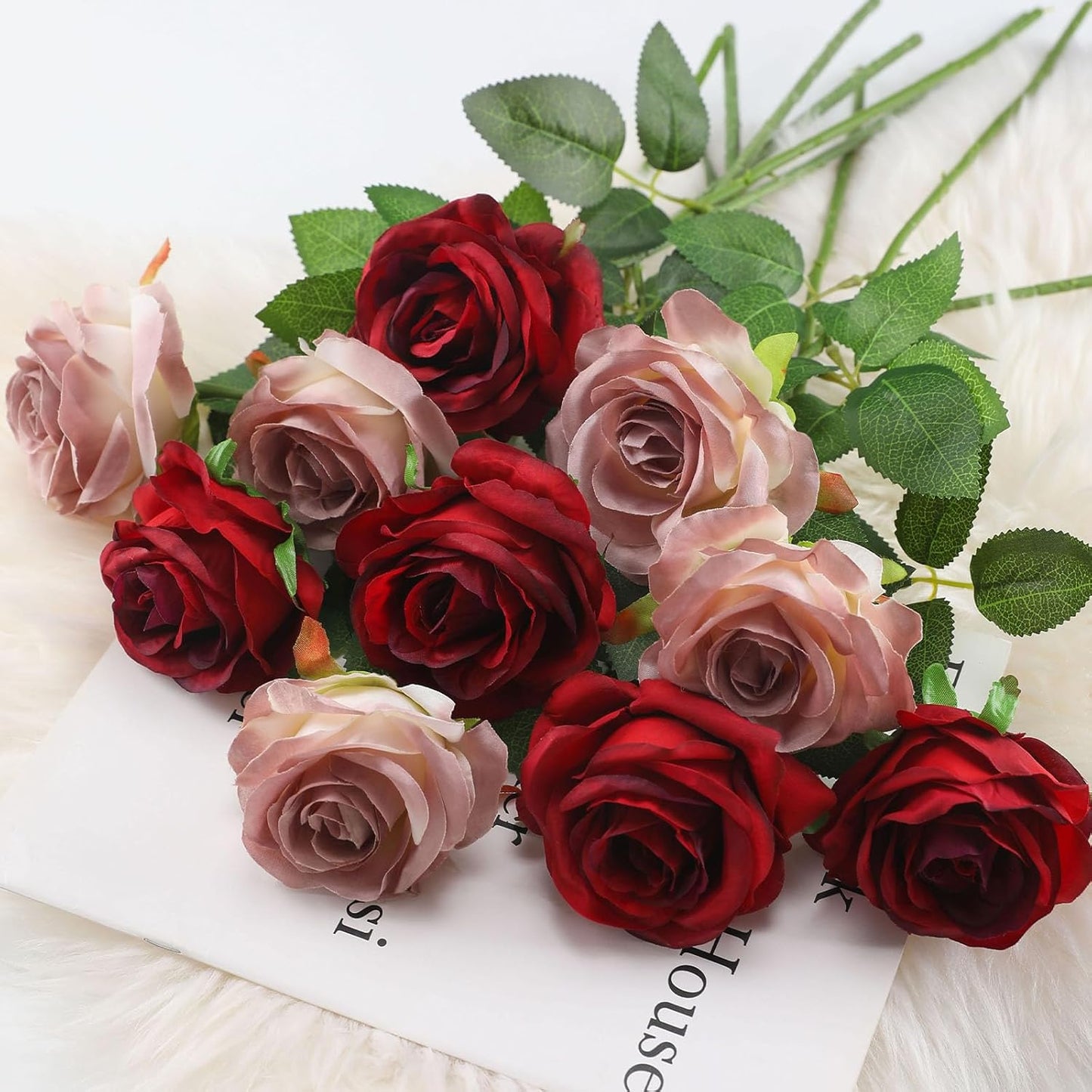 White Fake Roses Artificial Flowers - 10 Pcs Fake Artificial Roses Silk Flowers with Stems for Home Wedding Hotel Office Centerpiece Decor