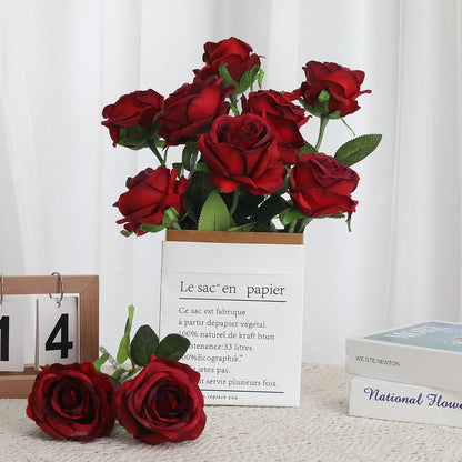 White Fake Roses Artificial Flowers - 10 Pcs Fake Artificial Roses Silk Flowers with Stems for Home Wedding Hotel Office Centerpiece Decor